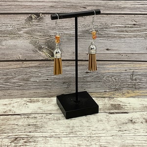 Leather tassel and crystal beaded desert sand earrings, handmade
