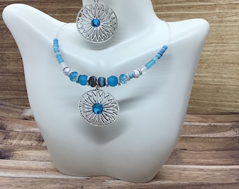 Turquoise Mandela Necklace & Earrings Set: Seed Bead Jewelry