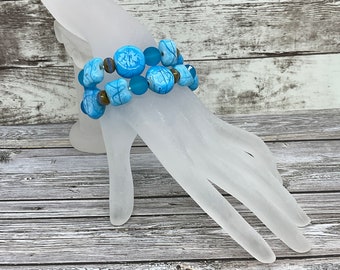 Turquoise Beaded Bracelet Set: Handmade Glass & Jasper Crystal Jewelry