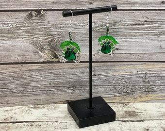 Handmade Enamel Frog Dangle Earrings with Frosted Leaf Beads