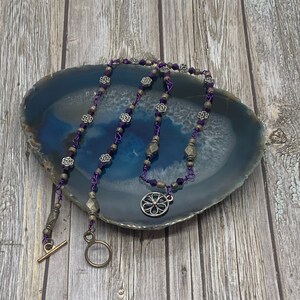 Handmade Purple Beaded Necklace: Flower Charm, Crystal Accents