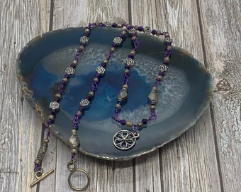 Handmade Purple Beaded Necklace: Flower Charm, Crystal Accents