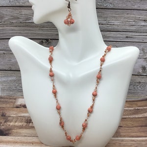 Handmade Salmon Howlite Necklace and Earrings Set