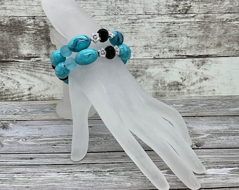 Turquoise Howlite & Sea Glass Bracelet Set: Chunky Stretch Bracelets