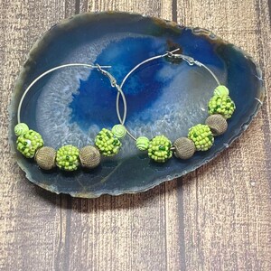 Handmade Large Silver Hoop Earrings: Green Bubble Beads