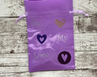 Purple Satin Drawstring Gift Bag: Personalized Valentine's Day Favor