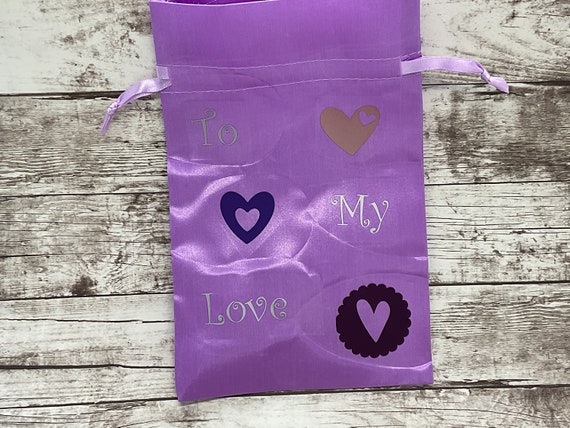 Purple Satin Drawstring Gift Bag for Valentines Day Personalized