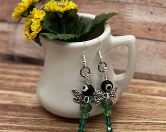 Emerald green dragonfly bead earrings, handmade