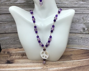 Purple jade peace sign pendant necklace and earrings beaded jewelry, set, handmade