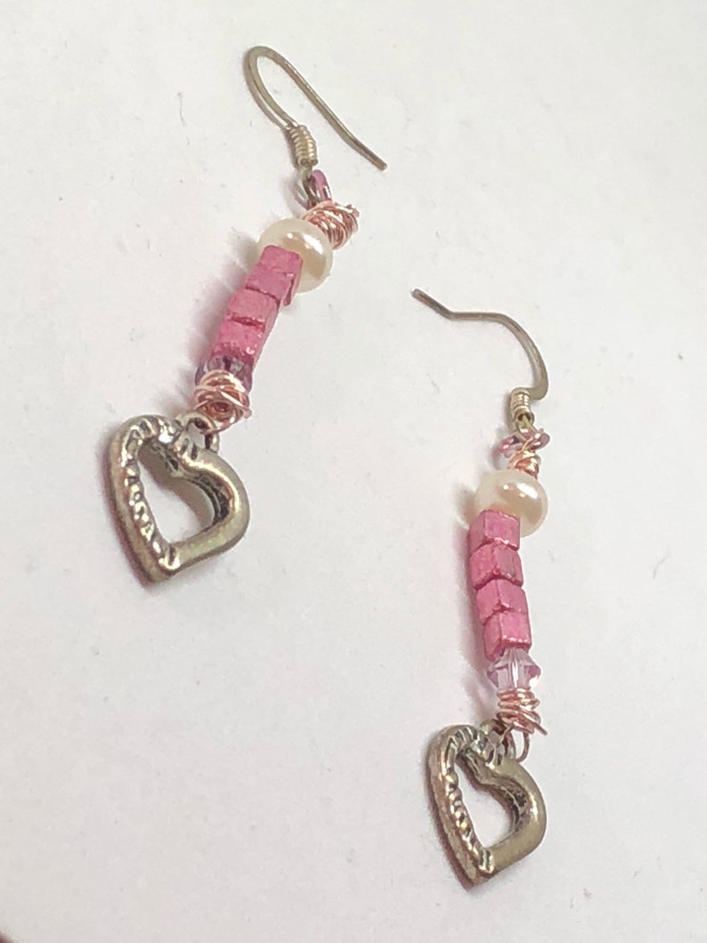 heart earrings Valentine\u2019s Day Pink beaded earrings womans earrings handmade