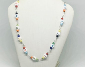 Rainbow alphabet beaded necklace teacher gift, handmade