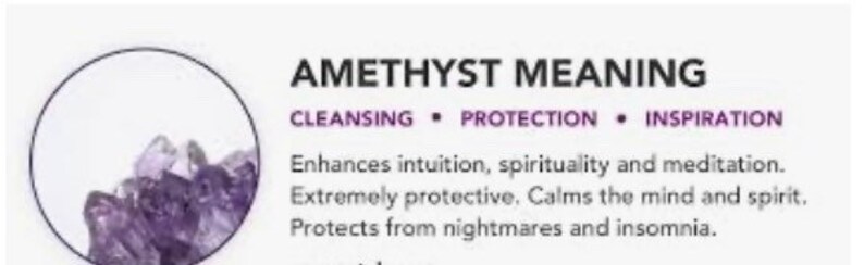 May include: Amethyst crystal cluster, a purple gemstone known for its cleansing, protection, and inspiration properties. It enhances intuition, spirituality, and meditation. It is extremely protective and calms the mind and spirit. It protects from nightmares and insomnia.