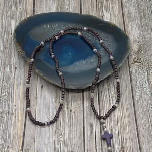 Purple pendant tassel style beaded necklace, handmade