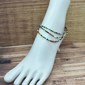 Rainbow beaded anklet triple layered multi color handmade