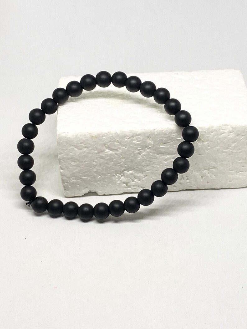 handmade beaded bracelet Black onyx matte finish metal bead stretch bracelet