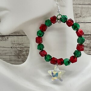 Christmas Hoop Earrings: Red Green Beaded Star Earrings
