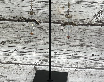 White topaz beaded angel earrings, handmade