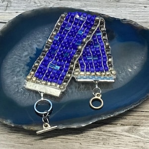 Handmade Sapphire Beaded Cuff Bracelet: Woven Glass Seed Beads