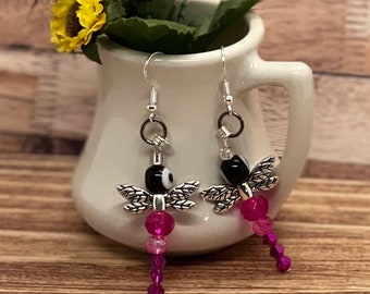 Pink dragonfly bead earrings, handmade