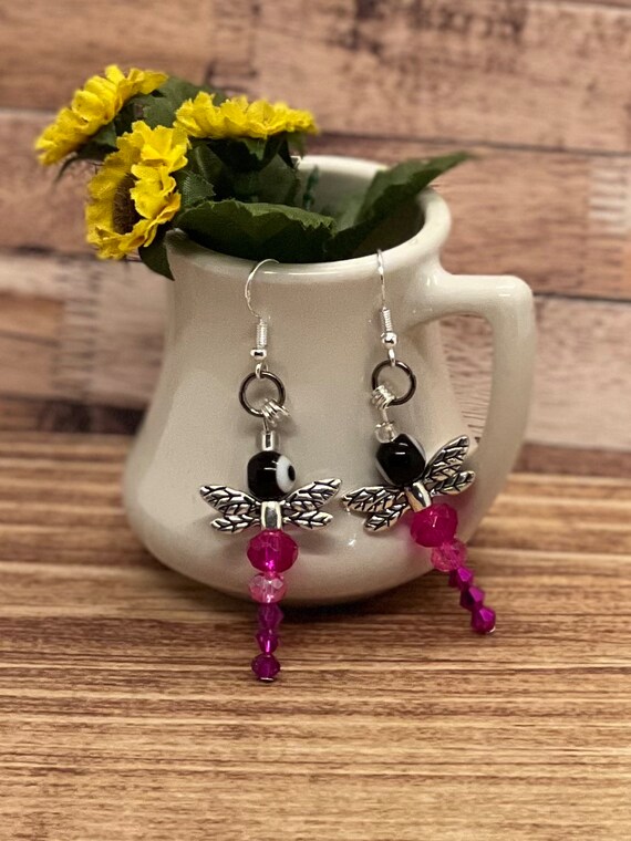 Pink Dragonfly Dangle Earrings with Crystals Pink Dragonfly Dangle Earrings with Crystals