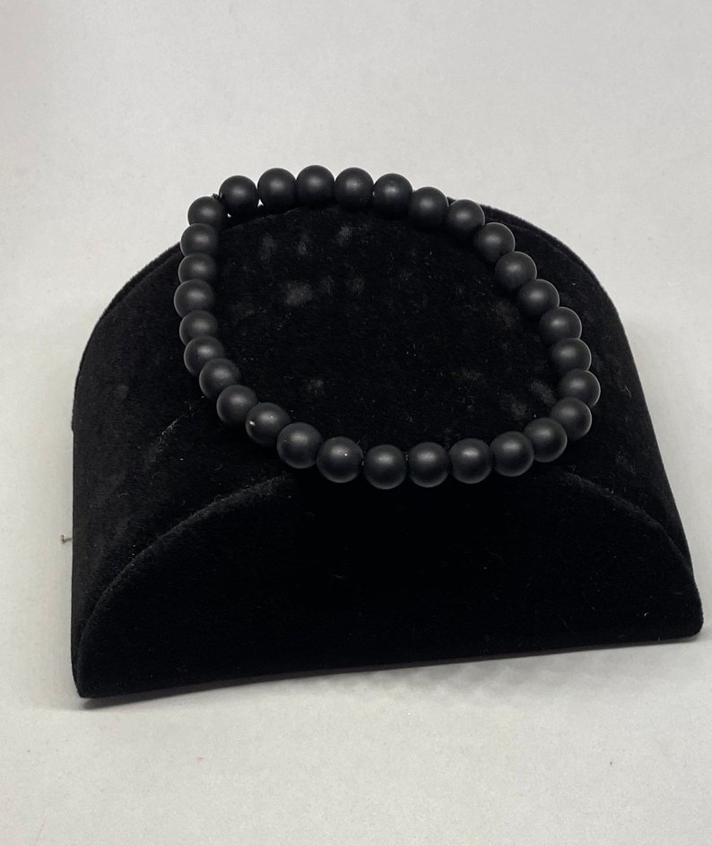 handmade beaded bracelet Black onyx matte finish metal bead stretch bracelet