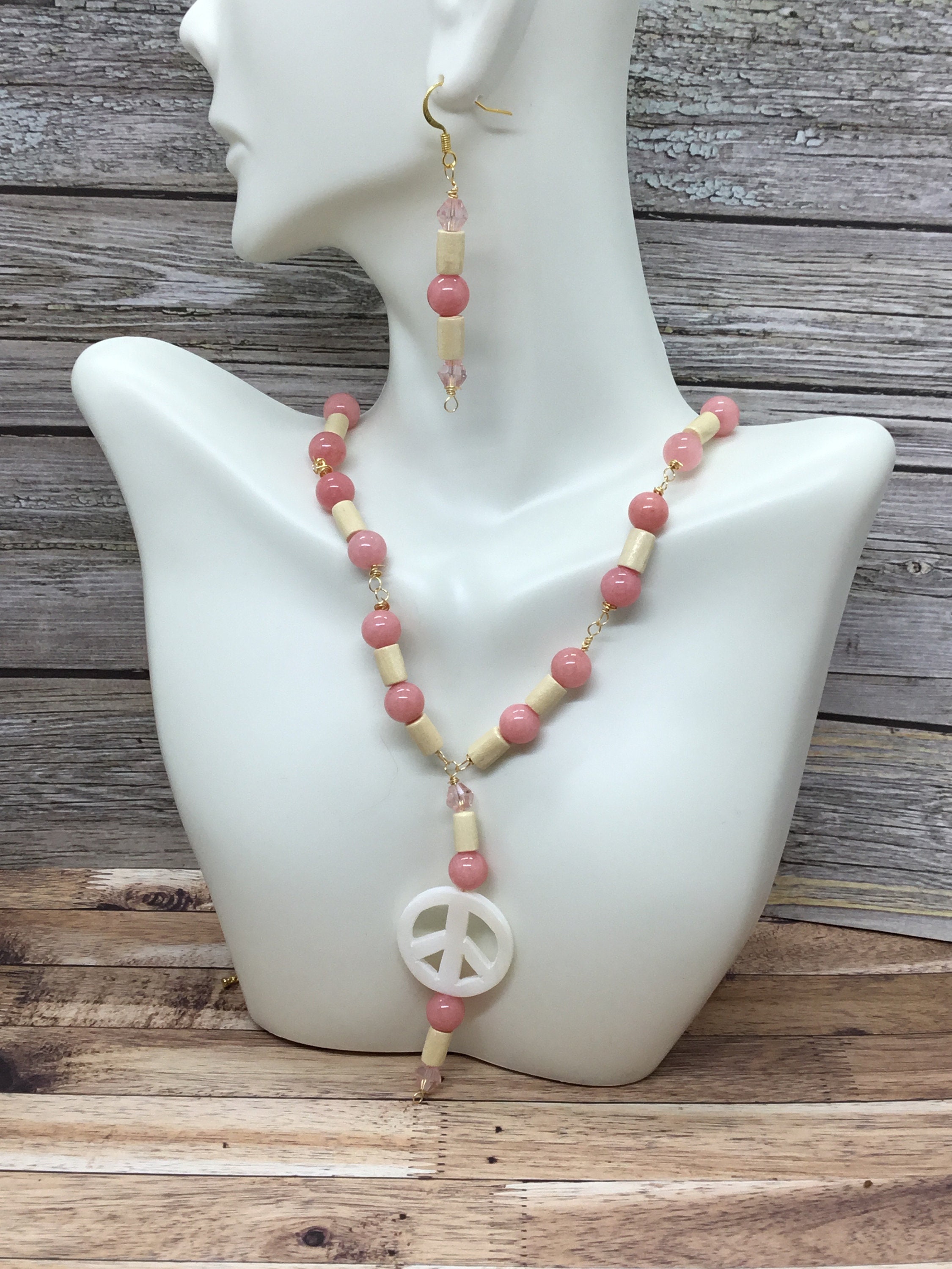 Peace Sign Necklace, Pendant Necklace, Beaded Earrings