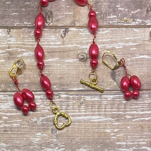 Bracelet set, Pearl bracelet, beaded bracelet, hoop earrings, ruby red bracelet, jewelry set, handmade zdjęcie 7