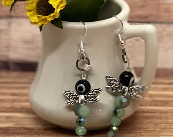 Green dragonfly bead earrings, handmade