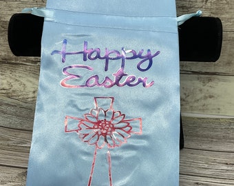 Personalized Easter Bag: Blue Satin Drawstring Gift Bag