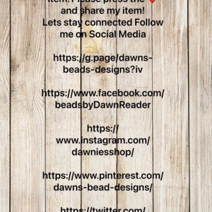 May include: Text on a woodgrain background encouraging viewers to follow the seller on social media. Links to the seller's Facebook, Instagram, Pinterest, Twitter, and Google pages are provided.