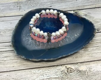 Pink frosted Sea glass layered butterfly bead cuff bracelet, handmade