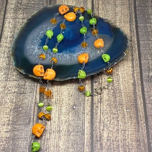Handmade Skull Beaded Necklace: Orange & Green Halloween Jewelry
