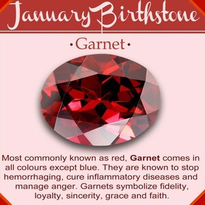 May include: A close-up of a deep red garnet gemstone. The text "January Birthstone" and "Garnet" are displayed above the gemstone. The text below the gemstone reads: "Most commonly known as red, Garnet comes in all colours except blue. They are known to stop hemorrhaging, cure inflammatory diseases and manage anger. Garnets symbolize fidelity, loyalty, sincerity, grace and faith."