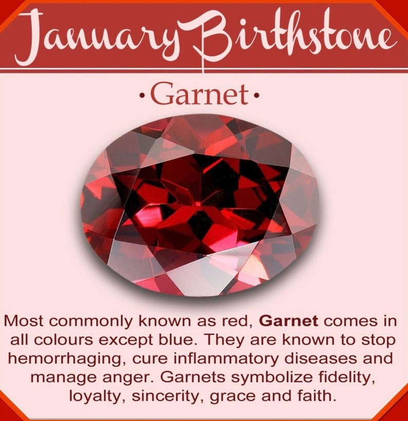 May include: A close-up of a deep red garnet gemstone. The text "January Birthstone" and "Garnet" are displayed above the gemstone. The text below the gemstone reads: "Most commonly known as red, Garnet comes in all colours except blue. They are known to stop hemorrhaging, cure inflammatory diseases and manage anger. Garnets symbolize fidelity, loyalty, sincerity, grace and faith."