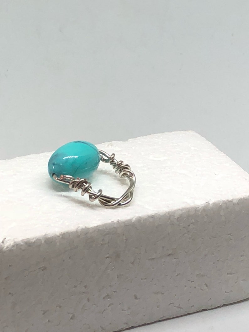 Blue turquoise robins egg twisted silver wrap tropical beach boho style beaded ring handmade