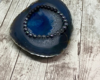 Pulsera elástica de cuentas de hematita iridiscente - Hecha a mano