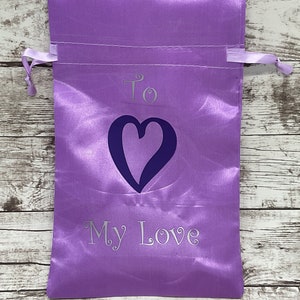 Purple Satin Drawstring Gift Bag: Valentine&#39;s Day Personalized Bag
