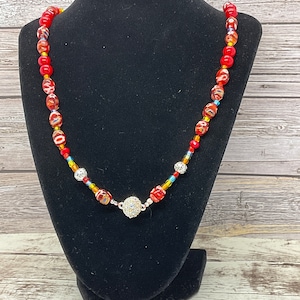 Rainbow and cherry red rhinestone beaded necklace handmade