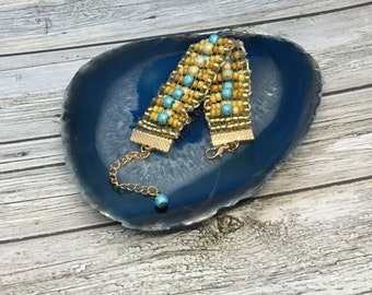 Gold and turquoise glitter beads, woven bracelet handmade