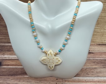 Beige cross pendant bead necklace, handmade