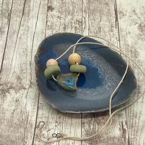 Handmade Stone Heart Pendant Necklace: Wood Beads, Hemp Cord
