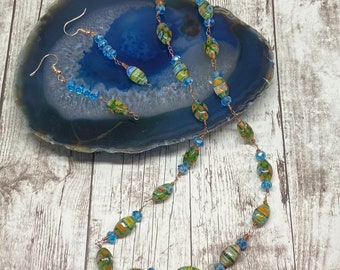 Green beaded necklace and earrings jewelry set handmade