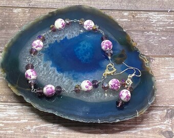 Bracelet set, Purple bracelet, flower bracelet, amethyst bracelet, beaded bracelet and earrings,  jewelry set, handmade