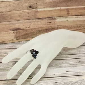 Handmade Silver Wire Wrapped Ring: Black Iridescent Crystal, Rainbow Seed Beads