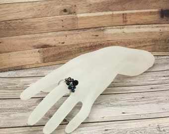 Handmade Silver Wire Wrapped Ring: Black Iridescent Crystal, Rainbow Seed Beads