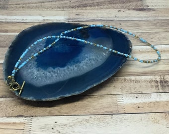 Handmade Blue Seed Bead Choker Necklace: Charm Holder