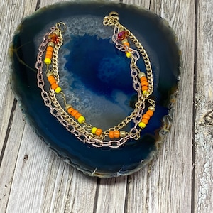 Handmade Orange Beaded Multi-Layered Anklet