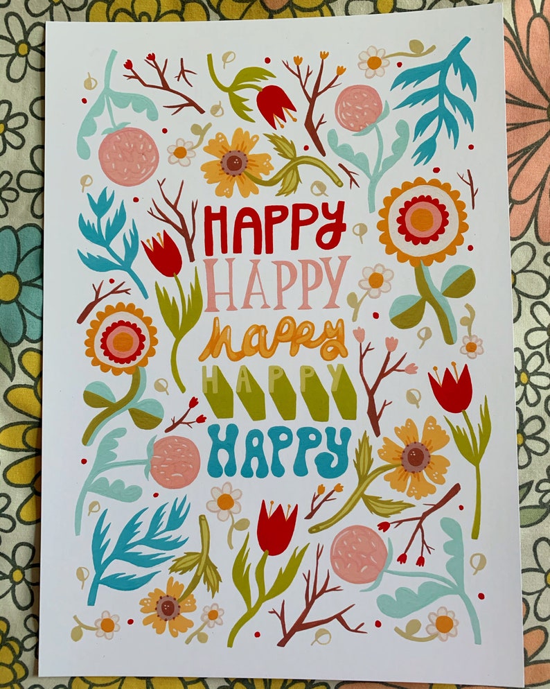 Rainbow Floral Folk Art Print Happy A4 Giclee Print