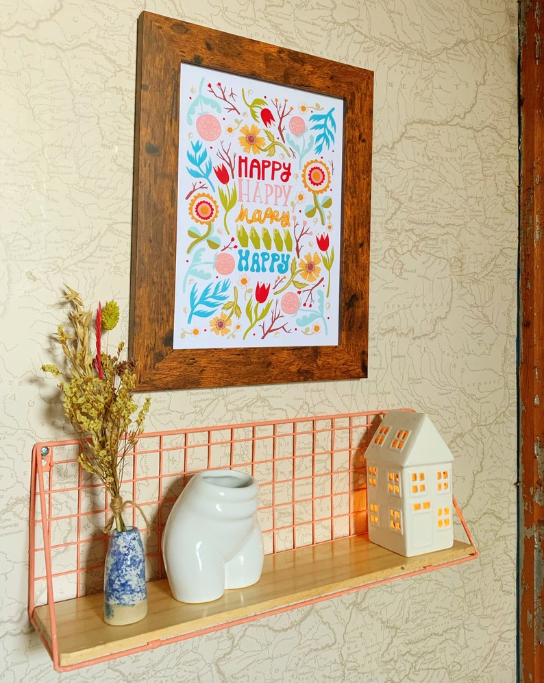Rainbow Floral Folk Art Print Happy A4 Giclee Print