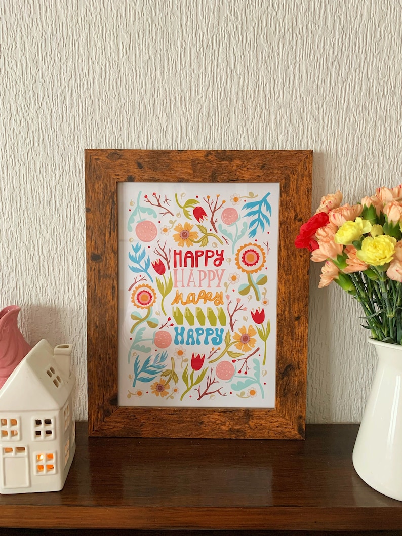 Rainbow Floral Folk Art Print Happy A4 Giclee Print